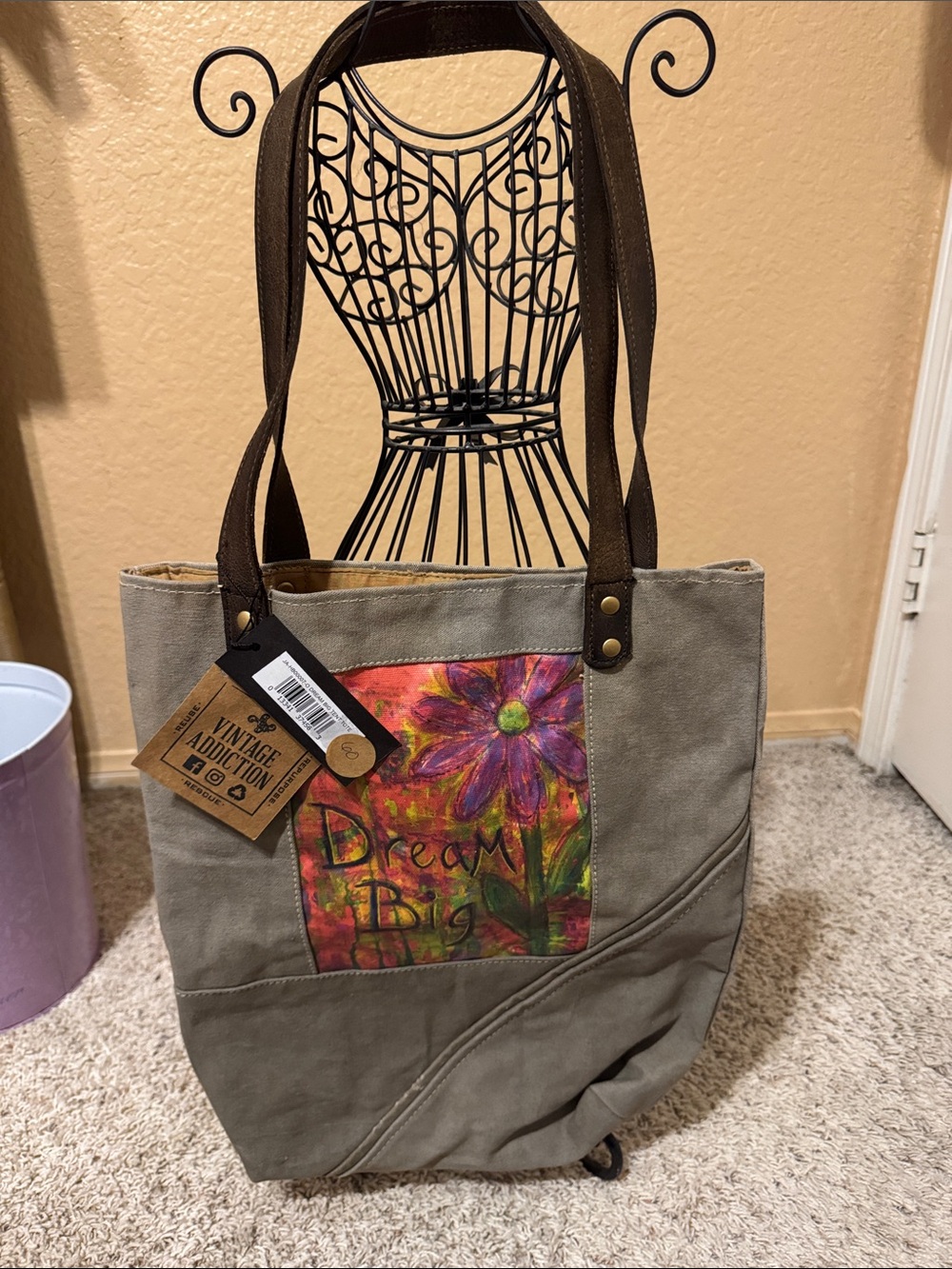 Canvas Tote Bag in Gray with Floral 'Dream Big' Patch